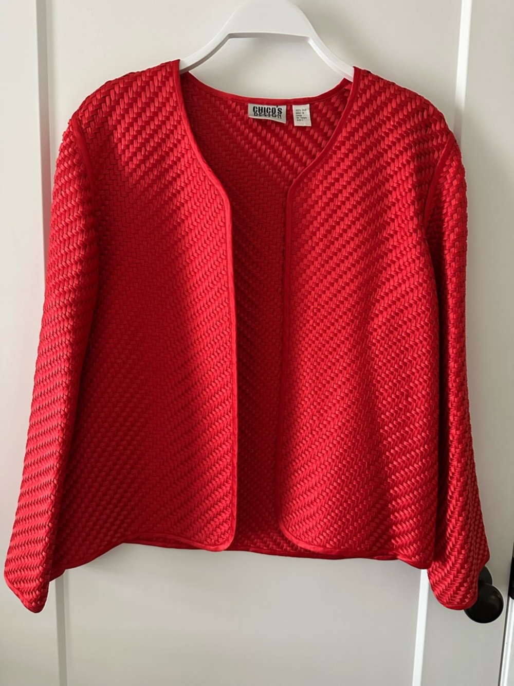 Vintage Chico's Women's Red Open-Front Textured Silk Jacket